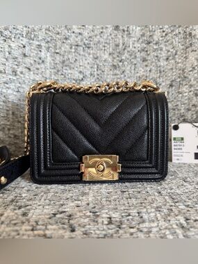 Chanel Black Mini Boy Bag Chevron Quilted Caviar Leather - Light Gold Chain